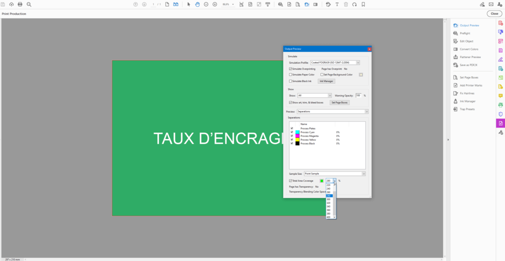 Adobe acrobat menu output preview total area coverage pourcentage maximum