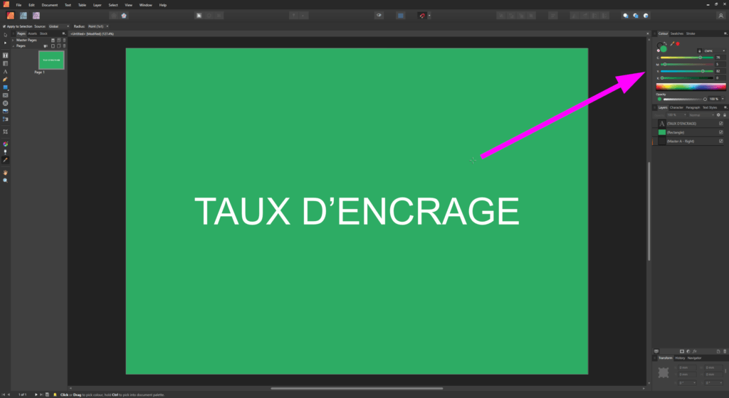 Affinity Publisher colour picker pourcentages CMJN