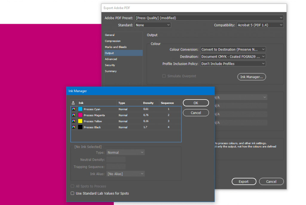 InDesign vérifier couleurs avec Ink Manager en créant un pdf