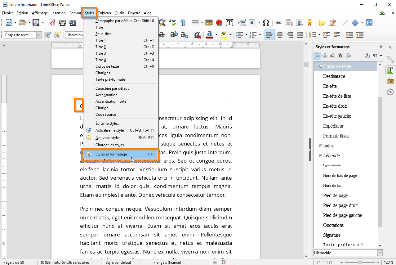 Utiliser des sections dans Libre Office étape 2