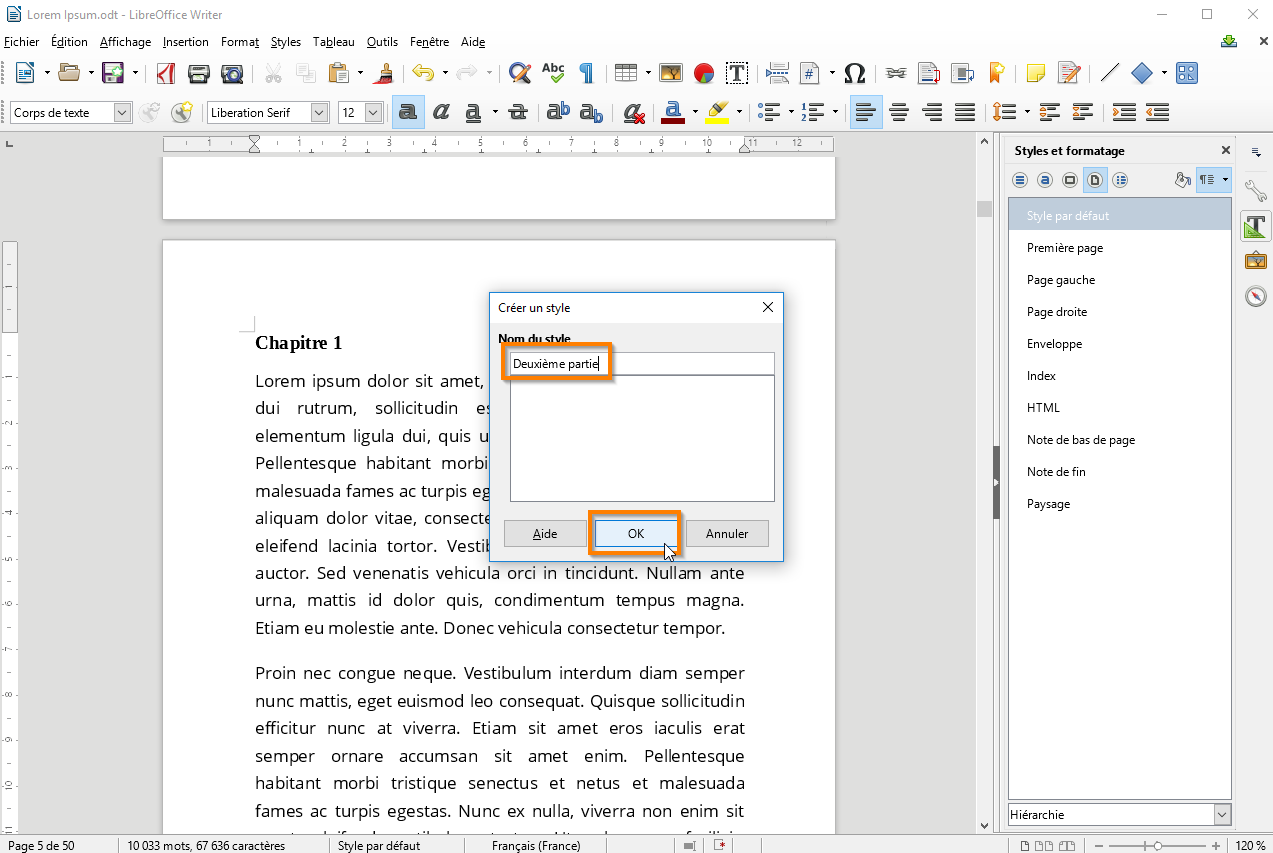 Utiliser des sections dans Libre Office étape 4