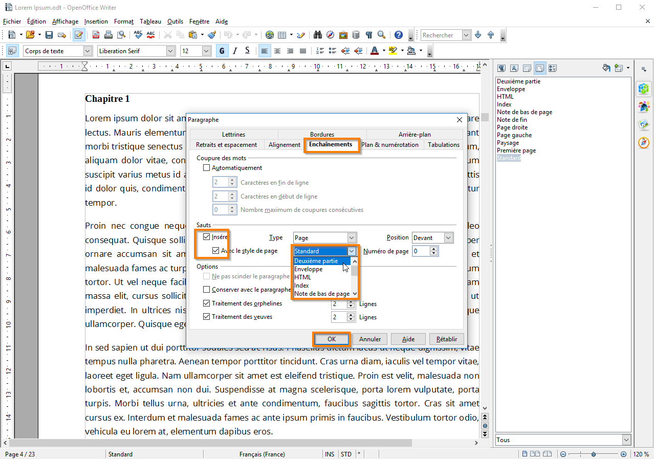 Utiliser des sections dans Open Office étape 6