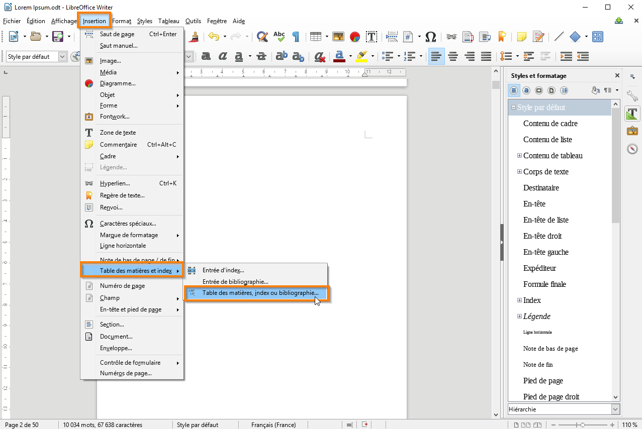 Créer une table des matières dans Libre Office etapé 8