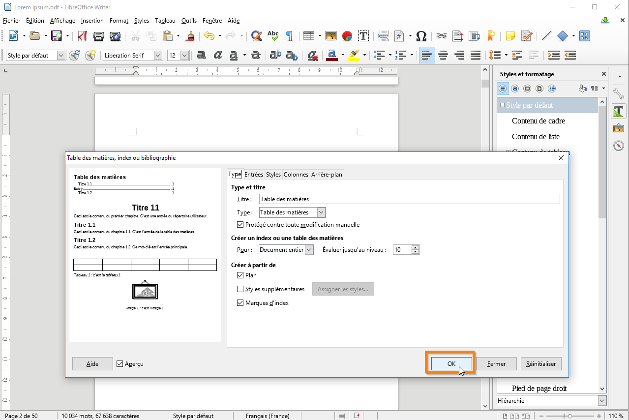 Créer une table des matières dans Libre Office etapé 9