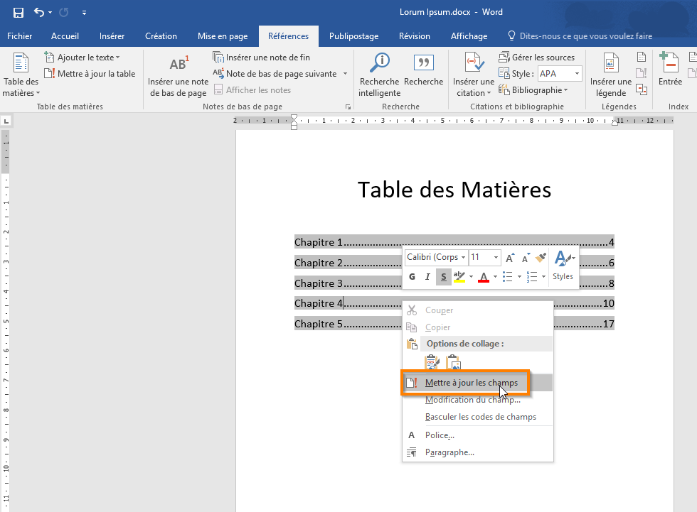 Créer une table des matières dans Office 365 etapé 11