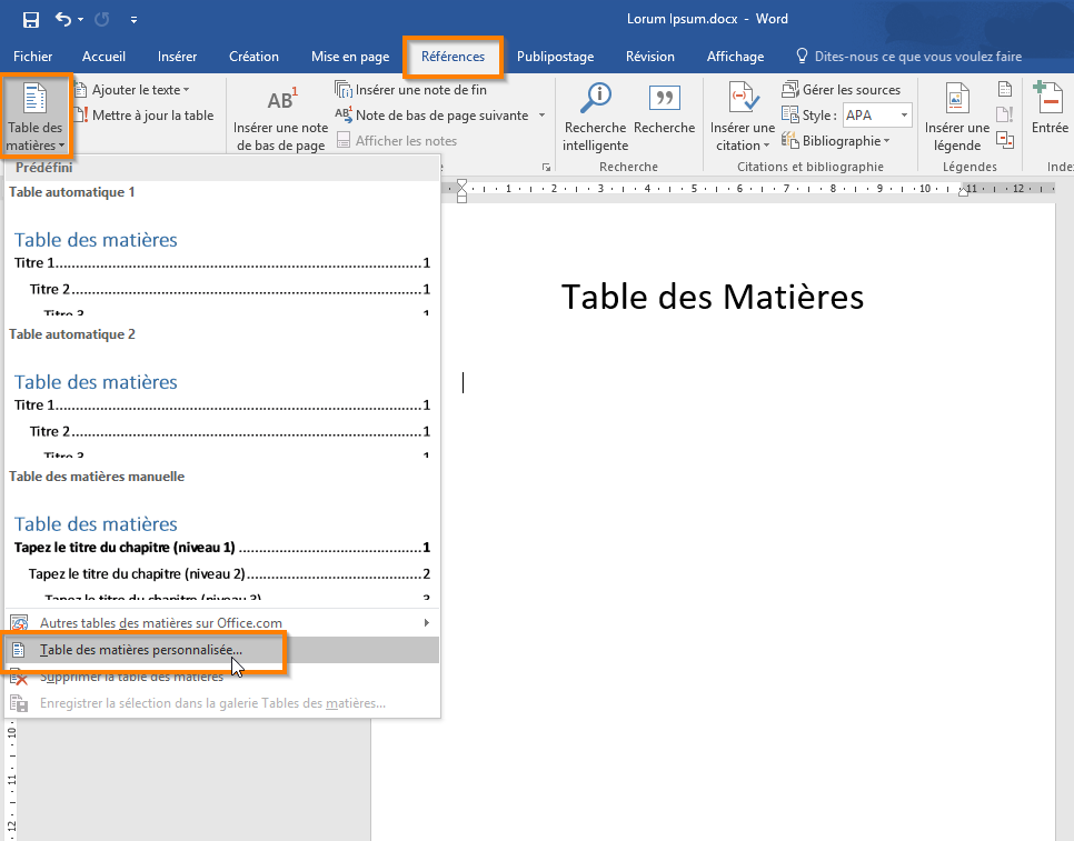 Créer une table des matières dans Office 365 etapé 8