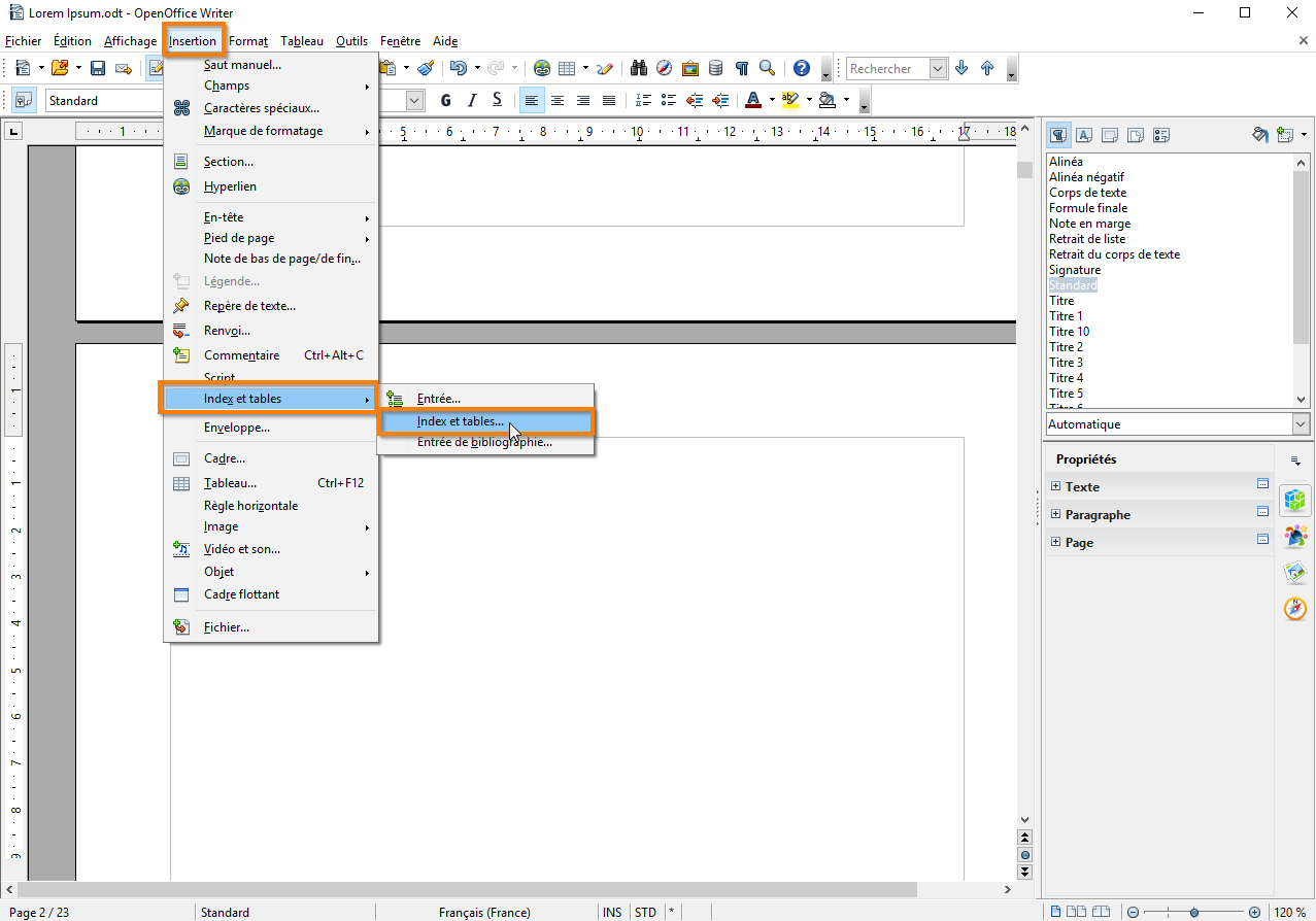 Créer une table des matières dans Open Office etapé 8