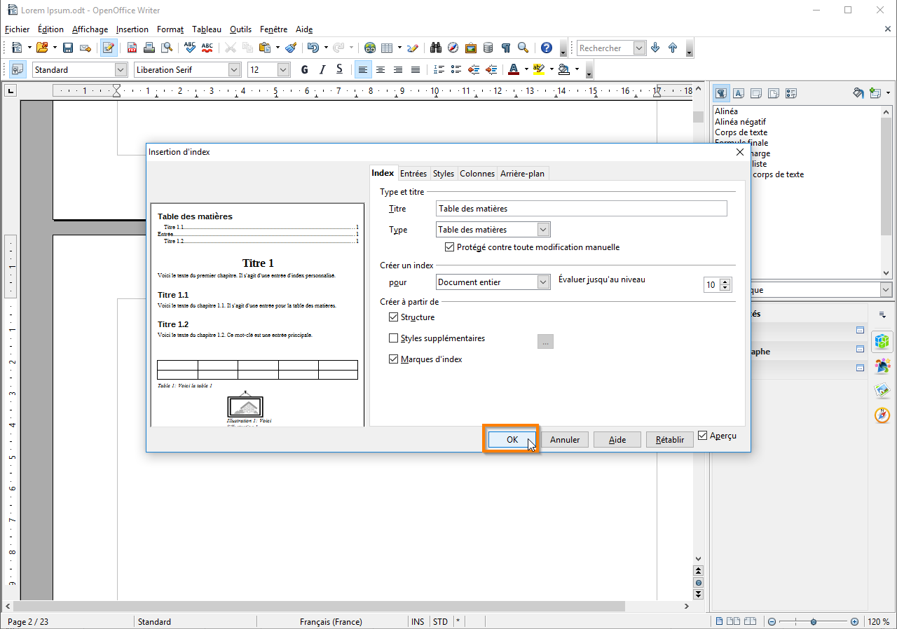 Créer une table des matières dans Open Office etapé 9