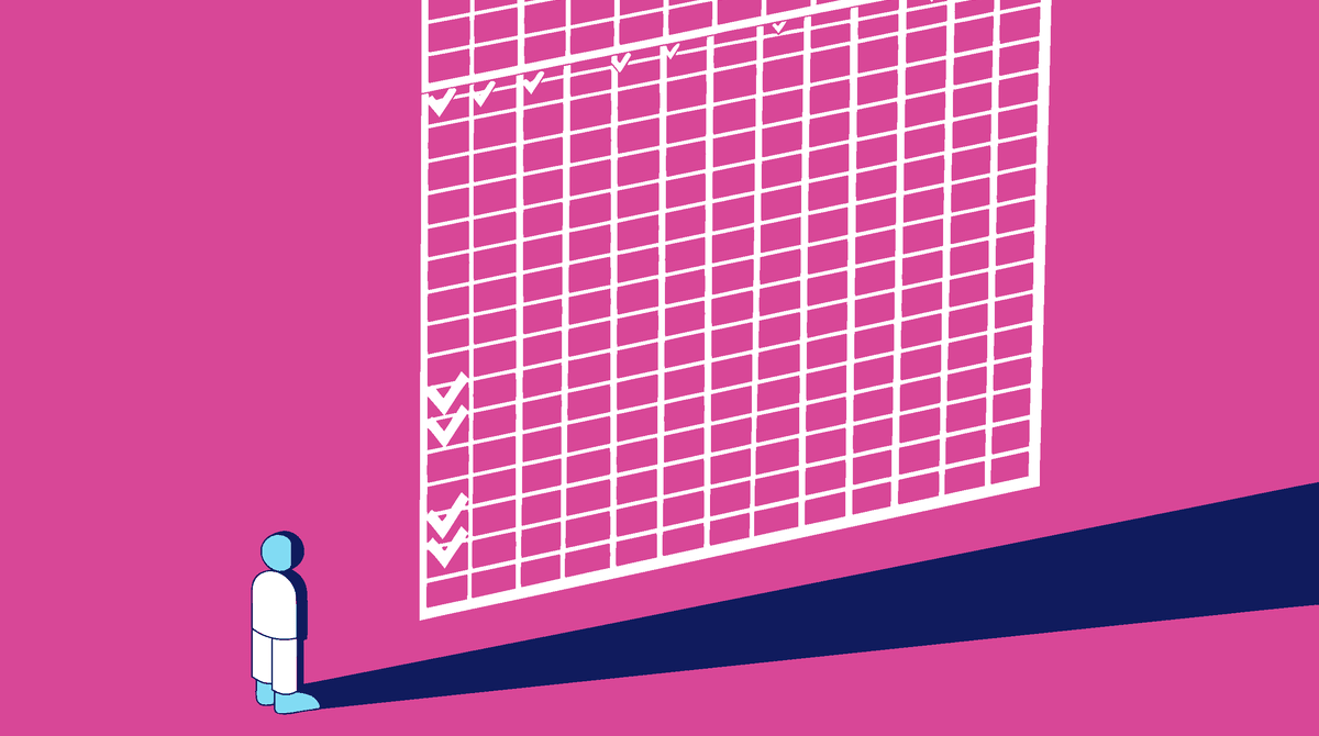 Auteur minuscule devant un calendrier magenta géant coché, discipline d'écriture quotidienne