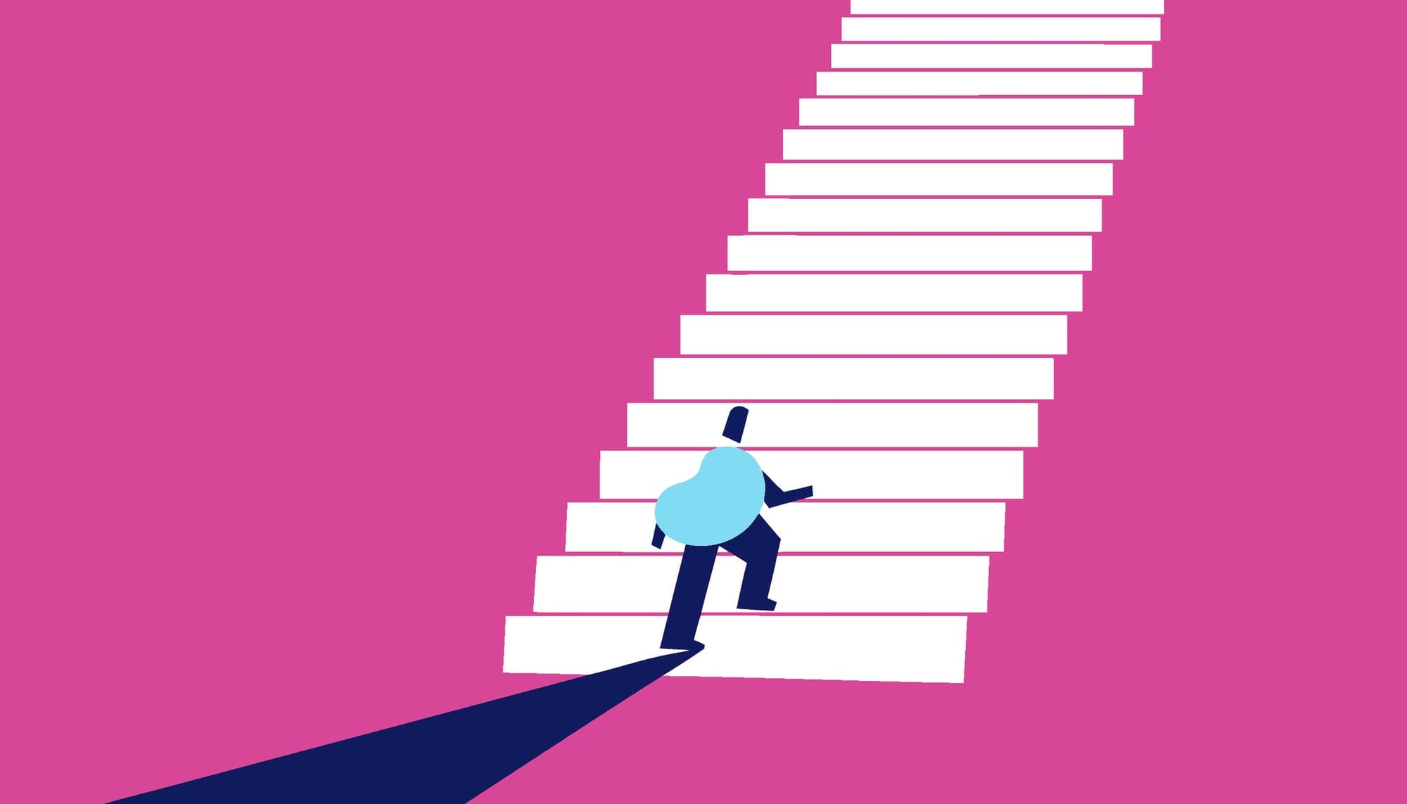Petit personnage gravissant un escalier géant, image de la progression régulière d'un manuscrit