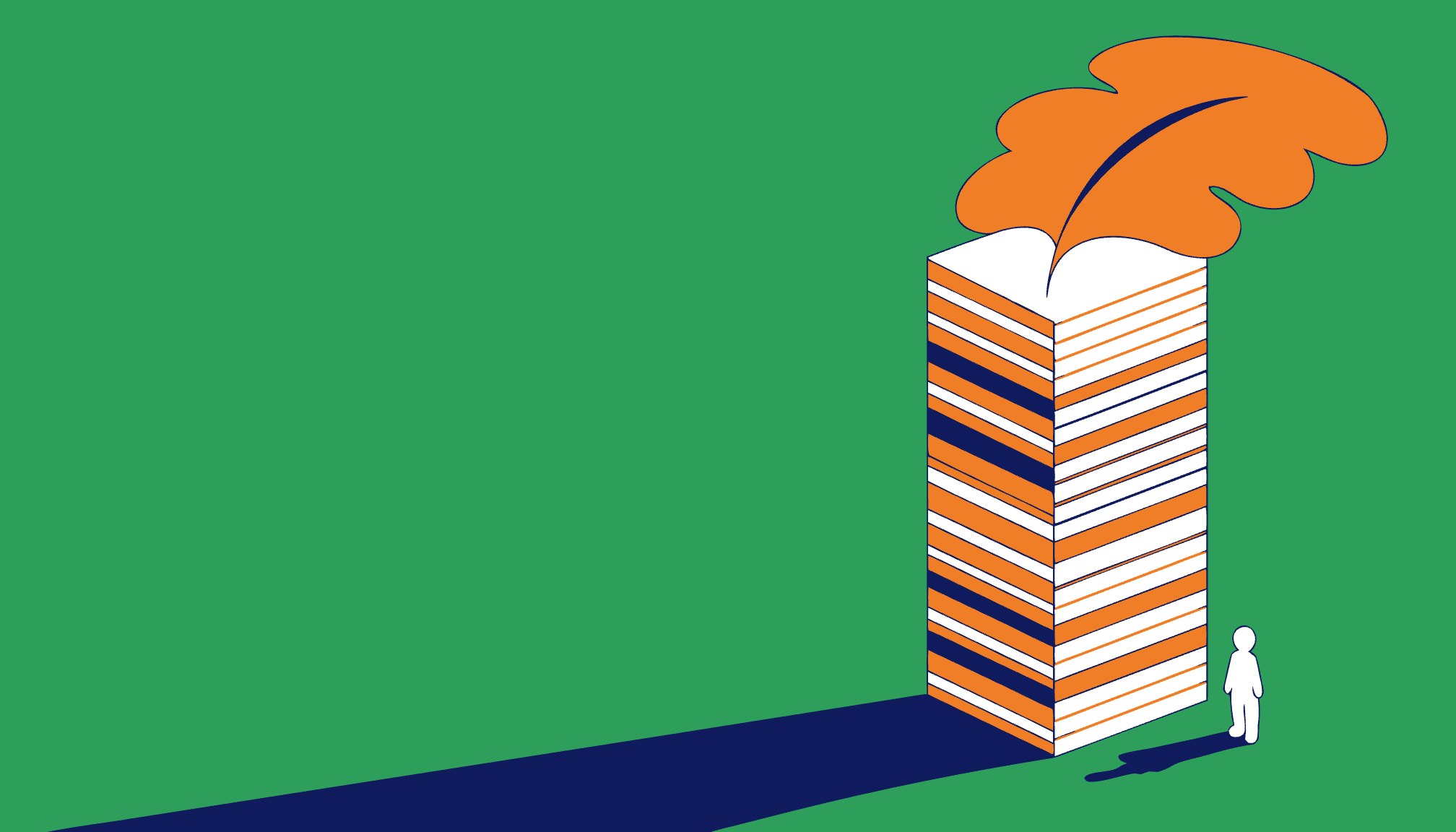 Illustration Pumbo : une feuille pousse au sommet d’une grande pile de livres imprimés