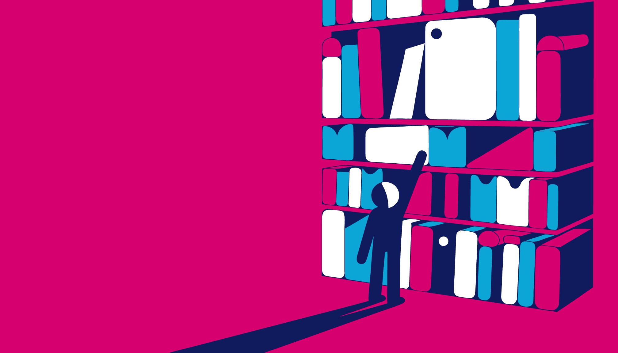 Illustration Pumbo : un auteur choisit un livre dans une immense étagère remplie de genres différents