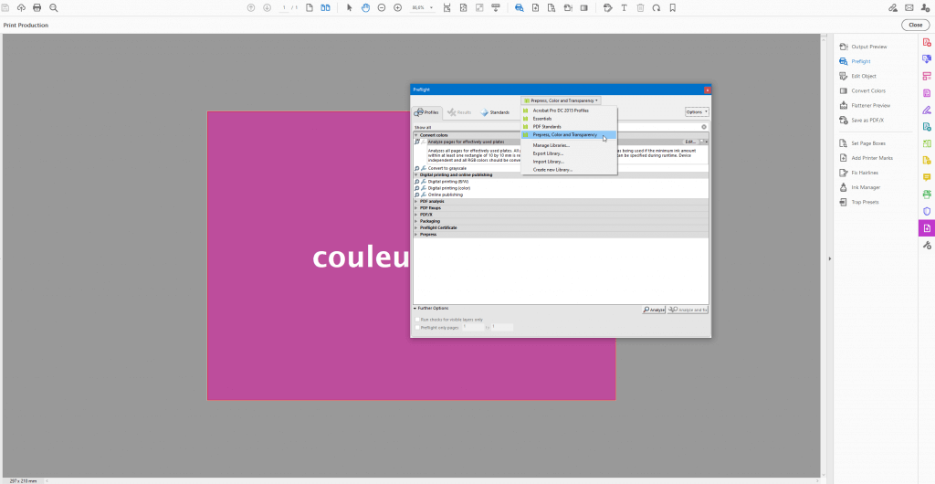 Adobe acrobat pro vérifier couleurs avec preflight prepress, color and transparency