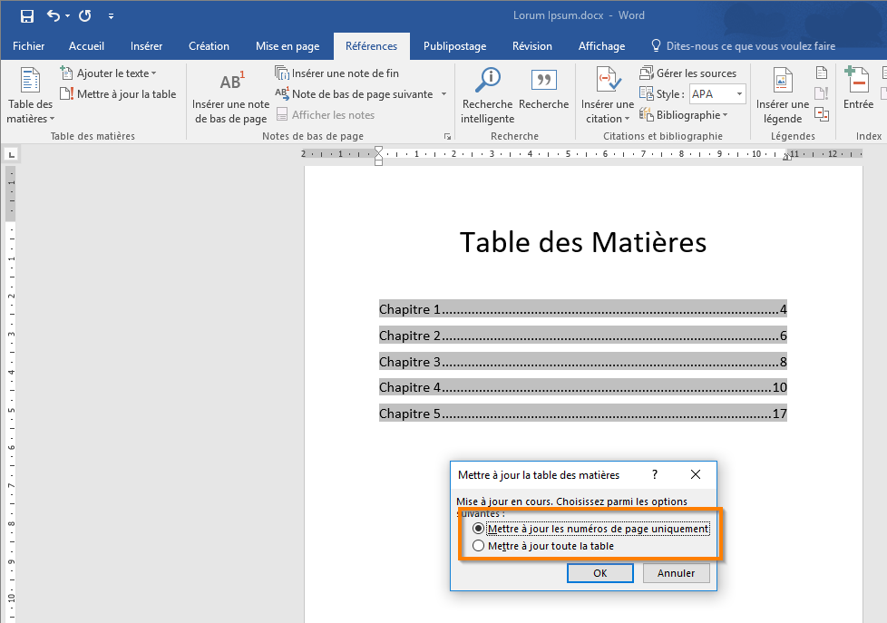 Créer une table des matières dans Office 365 etapé 12